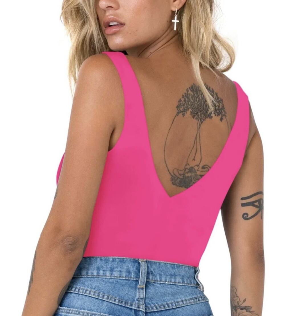 ReoRia Hot Pink V-Neck Double Lined Wide Strap Bodysuit Spring Summer Size S